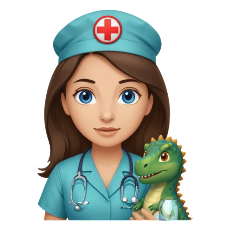 pretty brunette nurse with long hair and blue eyes in dinosaur scrubs sticker