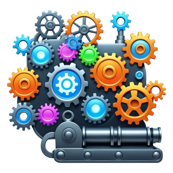 A whimsical content factory powered by AI, where ideas are turned into digital masterpieces, gears and conveyor belts moving with glowing social media icons, futuristic and colorful. sticker