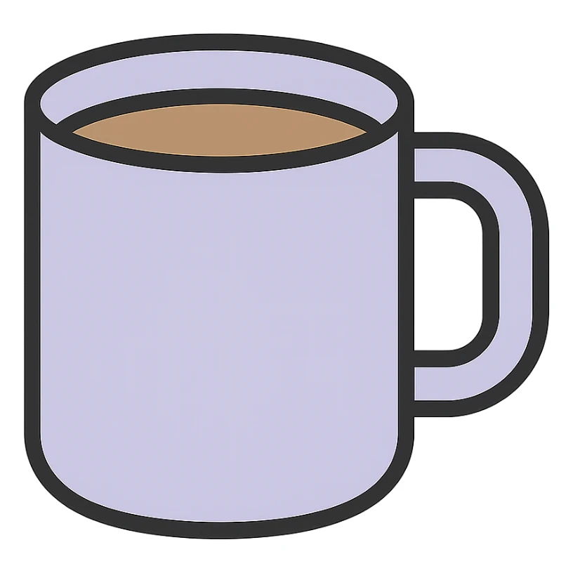 Edit the coffee mug to have a light lavender purple shade, keeping the original icon color outlined style with black outlines and no background. sticker