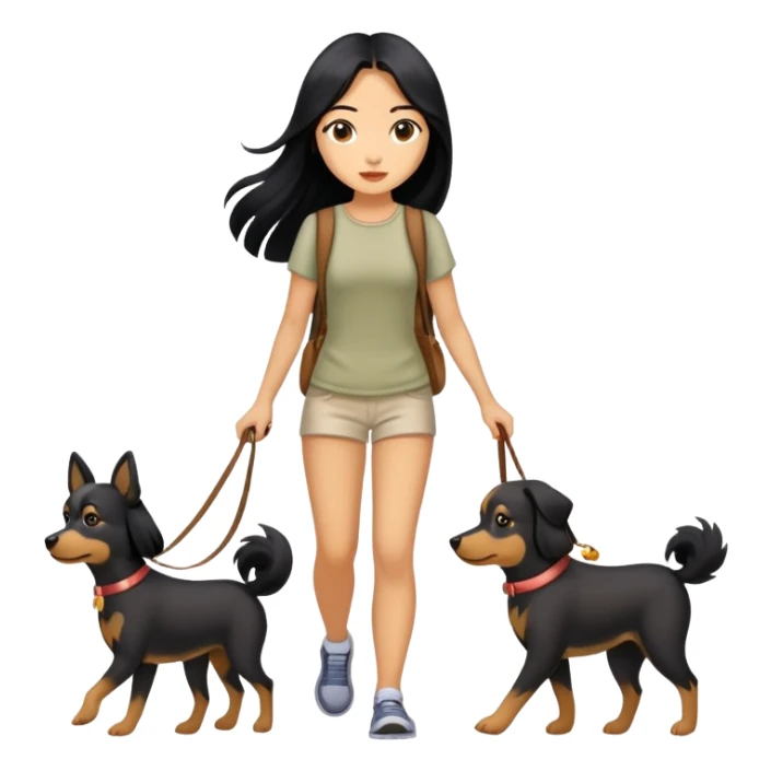A girl with long black hair walking with three dogs sticker