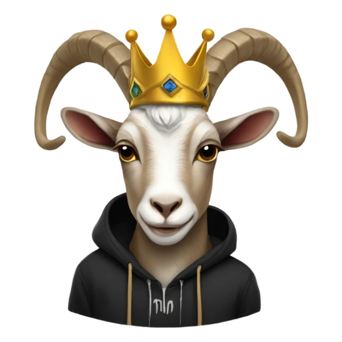 Horned goat wearing a crown and black hoodie sticker
