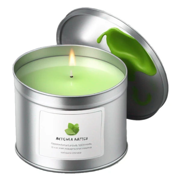 small pretty matcha scented candle in silver tin with label realistic sticker