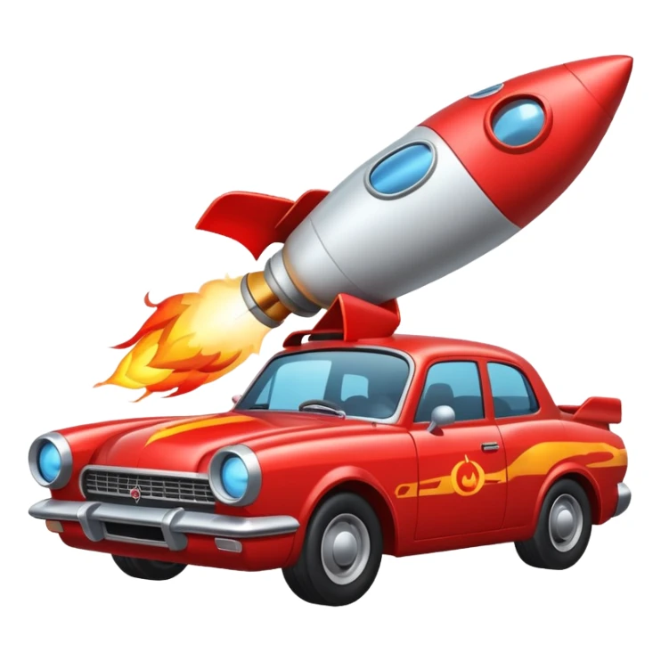 car with a rocket engine on the trunk with fire coming out of it sticker