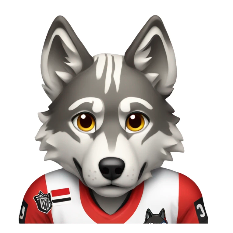 A wolf in a red black and white hockey uniform with a wolf emblem sticker