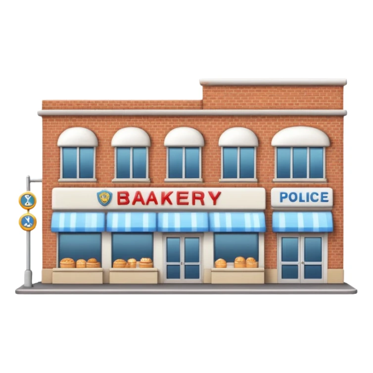 a bakery building situated between a supermarket and a police station, all three buildings visible, emoji style sticker