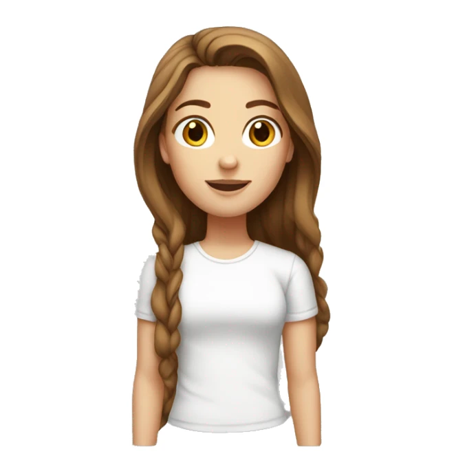 White girl with long brown hair and white tshirt sticker