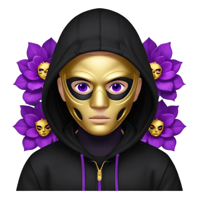 no visible face non human cartoon character related to a shadow, with all black clothes, focusing a black hoodie, and a versace face mask covering his entire face, just his purple shadow eyes making a light bloom sticker