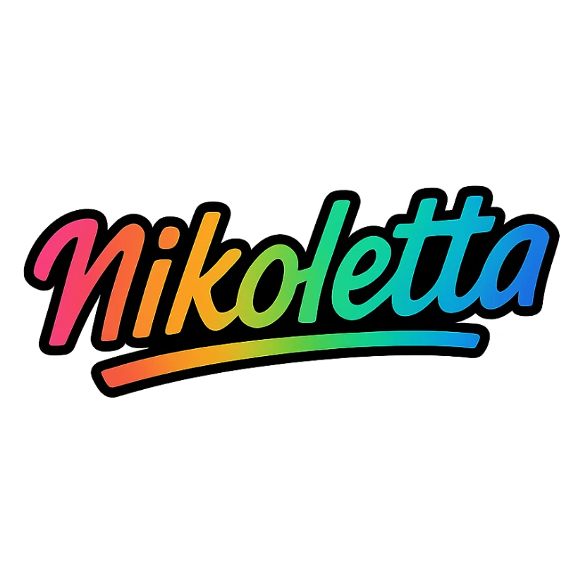 Nikoletta name in modern colorful gradient font with dark outline, dynamic slanted or partial underline, transparent background, in the style of reference patterns sticker
