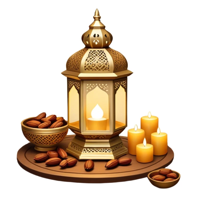 A beautifully warm and inviting Ramadan-inspired setting. A glowing ornate lantern sits on a wooden table, casting intricate patterns of light. Beside it, a decorative bowl filled with dates symbolizes hospitality and tradition.  sticker