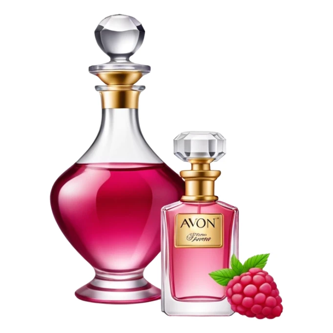 AVON women's perfume bottle next to raspberry bottle sticker