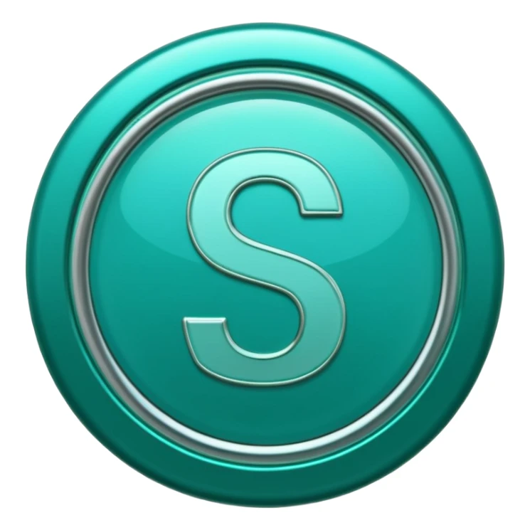 Create a custom emoji badge featuring a stylized, glossy letter “S”. Use the Platinum rank style from League of Legends: teal-green metallics, reflective surfaces, and a futuristic elegant frame. Vibrant and high readability.
 sticker