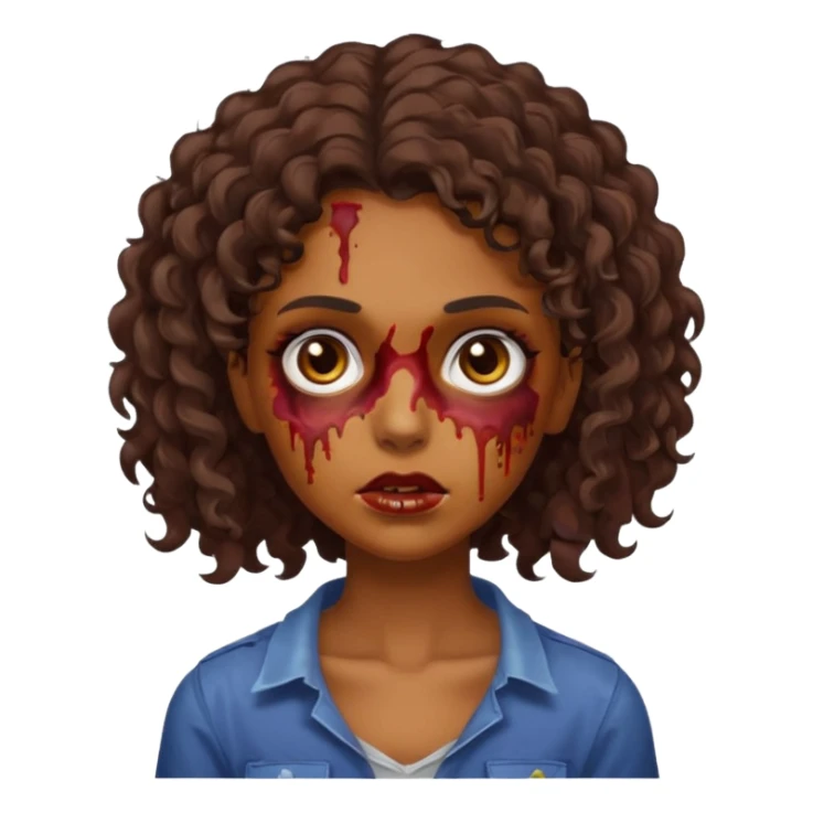 Faça uma garota zombie de cabelo cacheado castanho, olhos castanhos escuro e pele parda com o cabelo menos volumoso e no ombro sticker