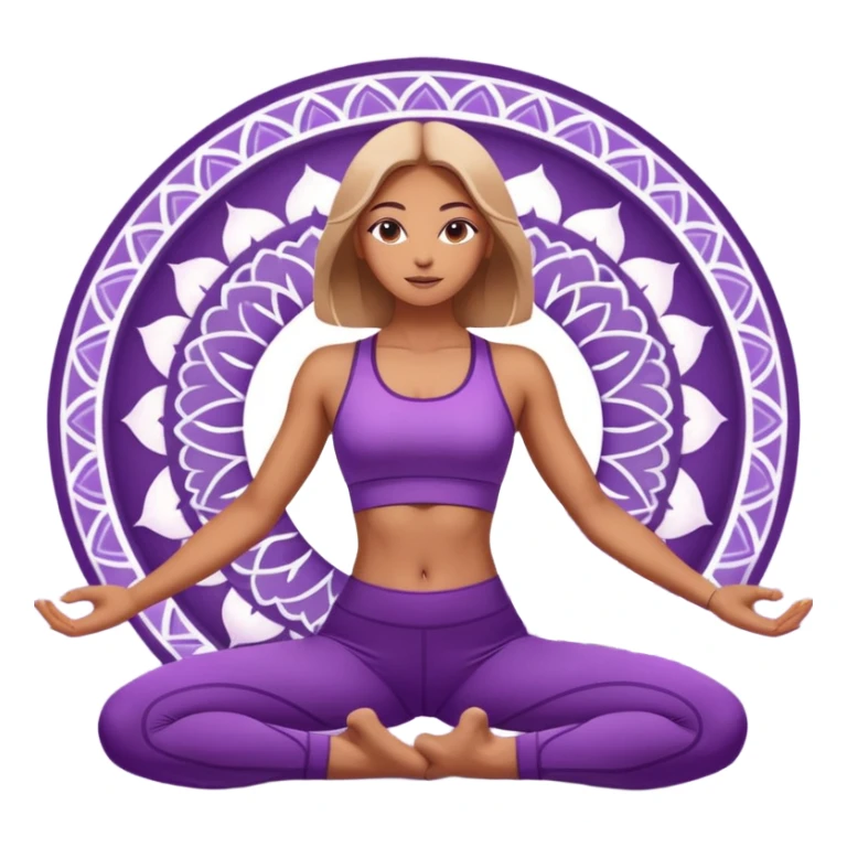 A woman in purple activewear lifting her hips in bridge pose, glowing light, gentle mandala pattern behind. sticker