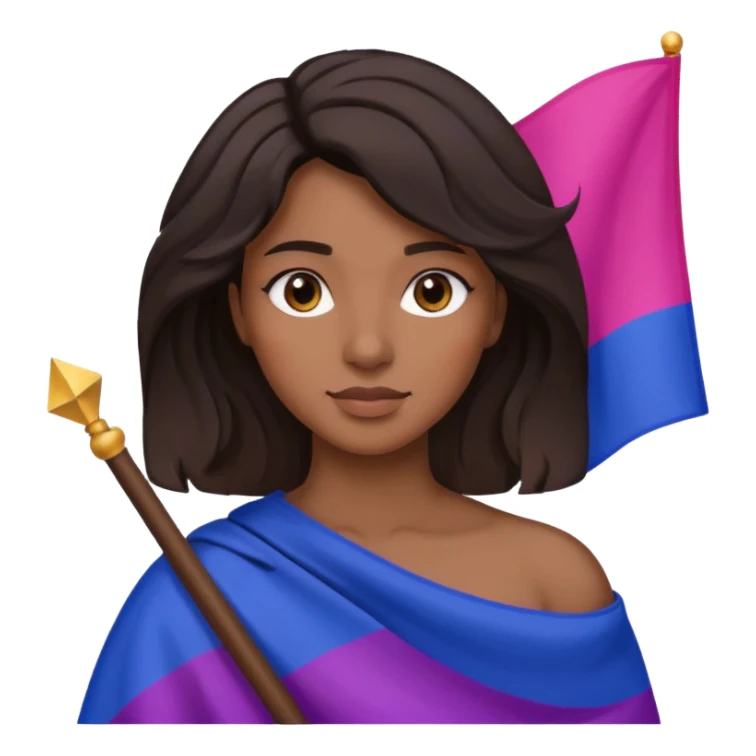 eu com a bandeira bissexual, sou morena, com cabelos negros que vão até a altura dos ombros levemente ondulados, olhos castanhos, sticker