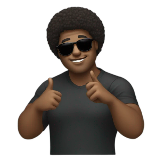 A black man with a chubby oval face, a light beard and short afro hair. And sunglasses. He's making the 🖖 sign sticker