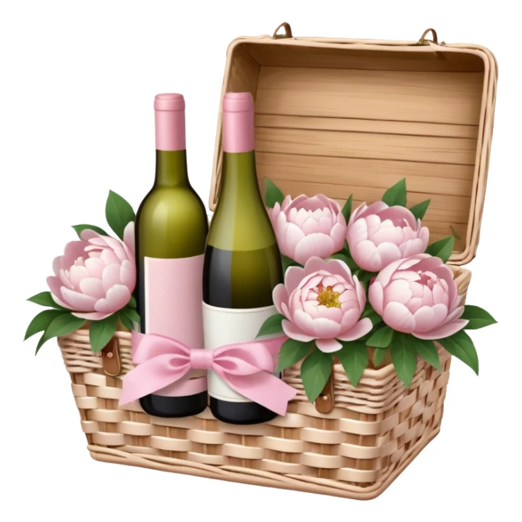 White Picnic basket with light pink bow and white peonies inside and a pink wine bottle sticker