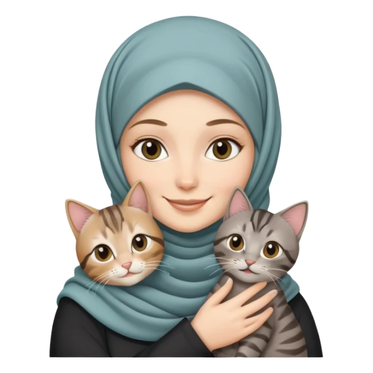 White girl wearing hijab holding a black grey tabby cat while smiling sticker