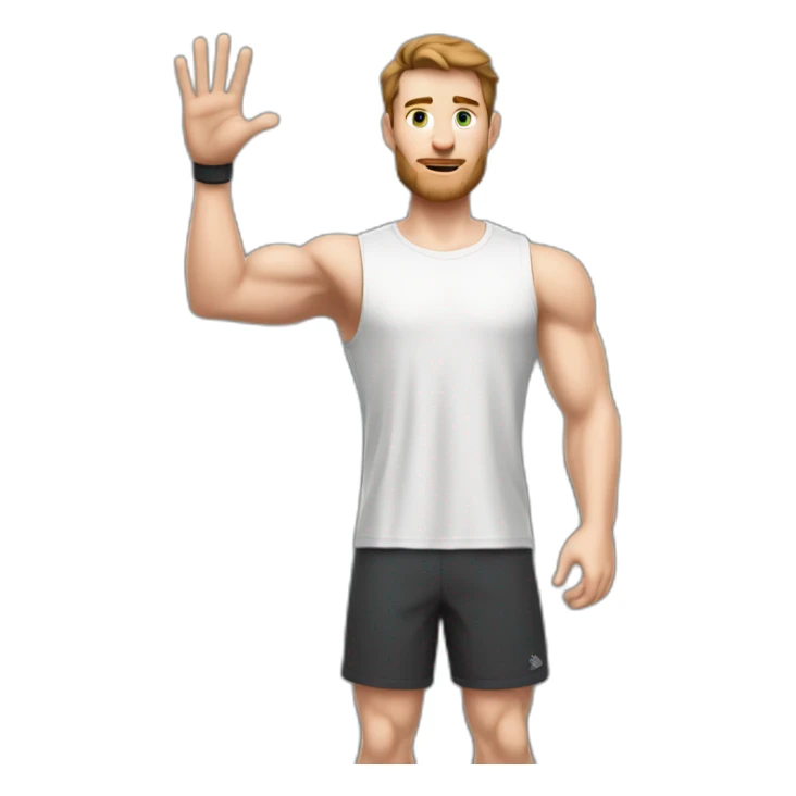 Close up Actively gesturing  with hands Pale skinned Fit Man With the biceps and brown hair in dark gray Sleeveless Mike, black oversize sports shorts, watch and white Sneakers sticker