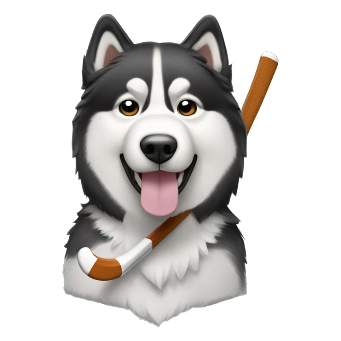 Black and White alaskan malamute with hockey stick sticker