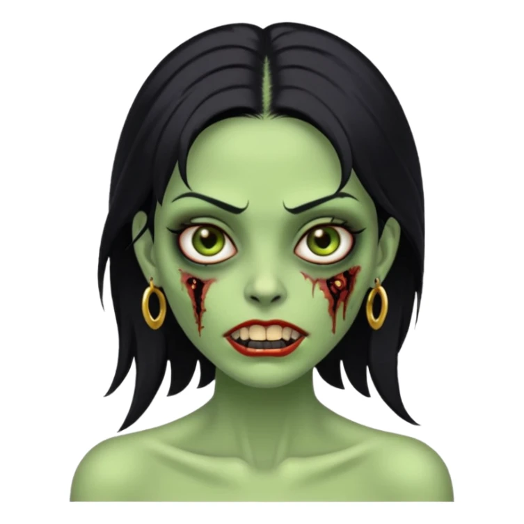 Faça uma zombie mulher bonita verde com olhos castanhos cabelos pretos liso com estilo y2k e com dentes de ouro sticker