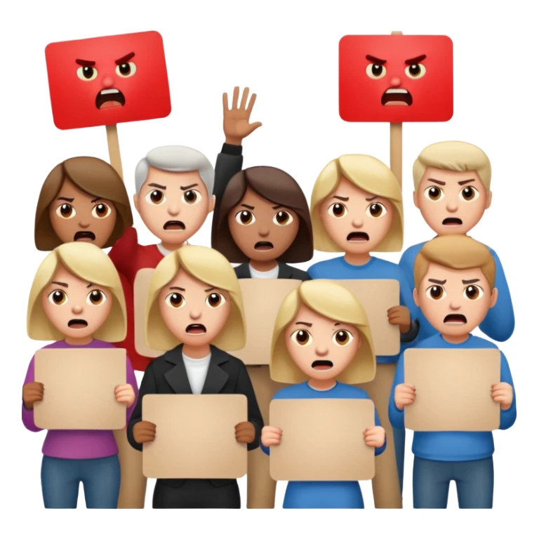 a crowd of people with angry faces and holding placards that read: we disagree sticker