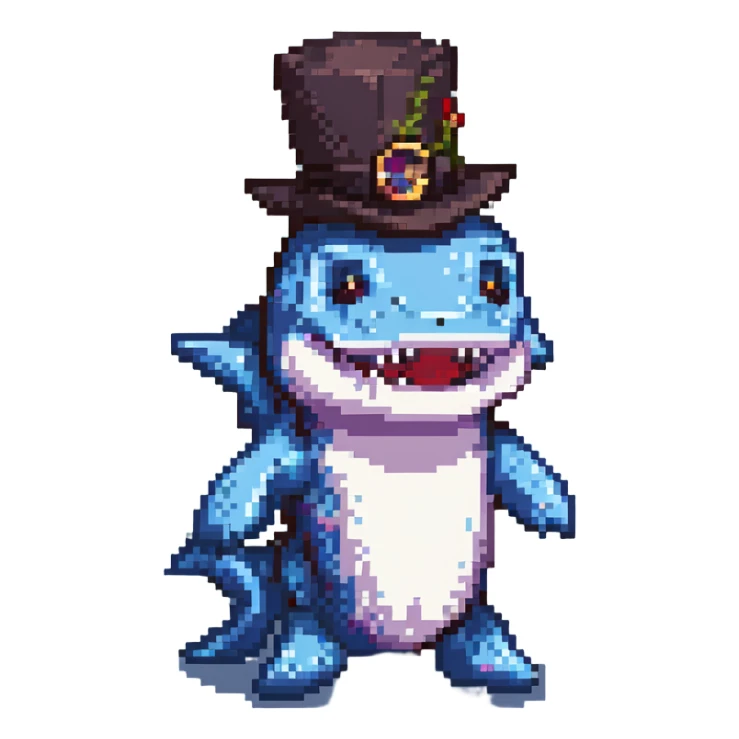 pixel art shark wearing a tophat sticker