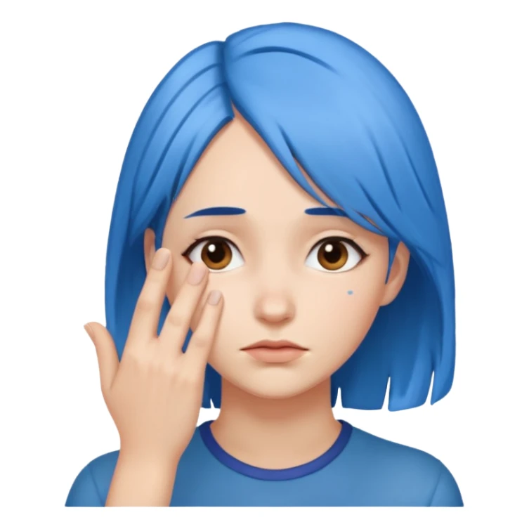Woman with hand over face with blue hair sticker