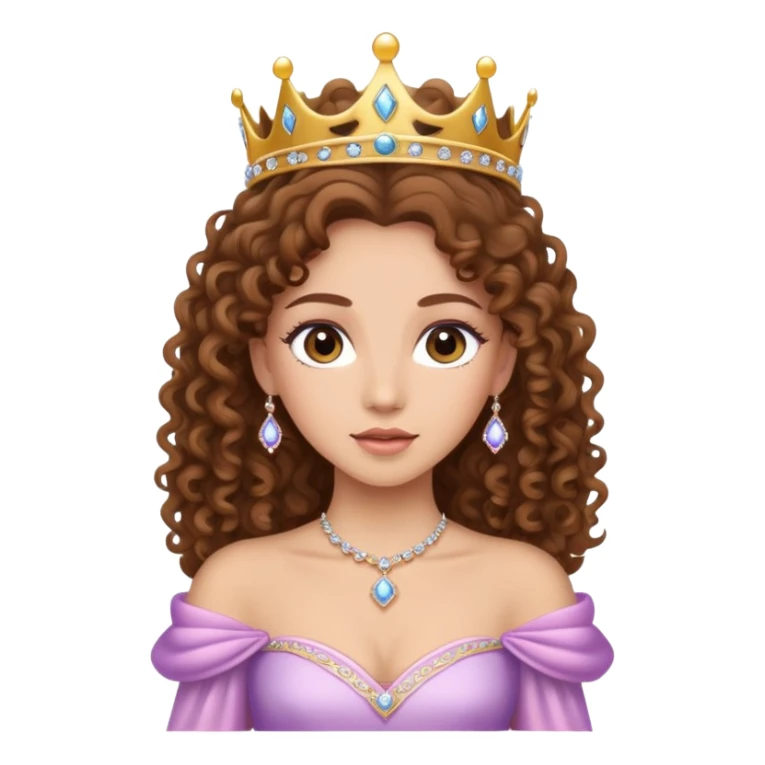 A princess with long lashes, light skinned, brown, curly hair and a big tiara sticker