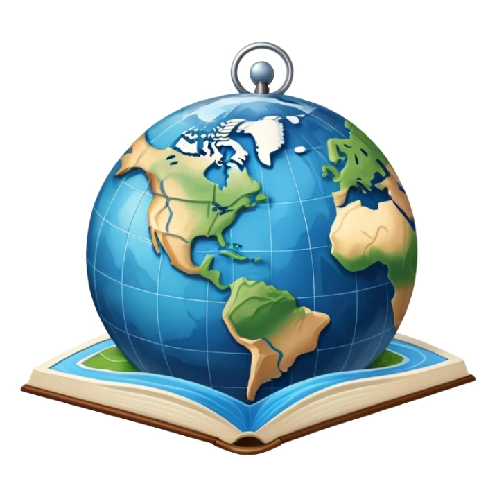 an icon featuring an earth with attitude and longitude lines, a textbook, and a topographic map, symbolizing geography as a science. The design includes a compass, mountain ranges, and rivers, representing the study of Earth's features and landscapes. Transparent background highlights geography. sticker