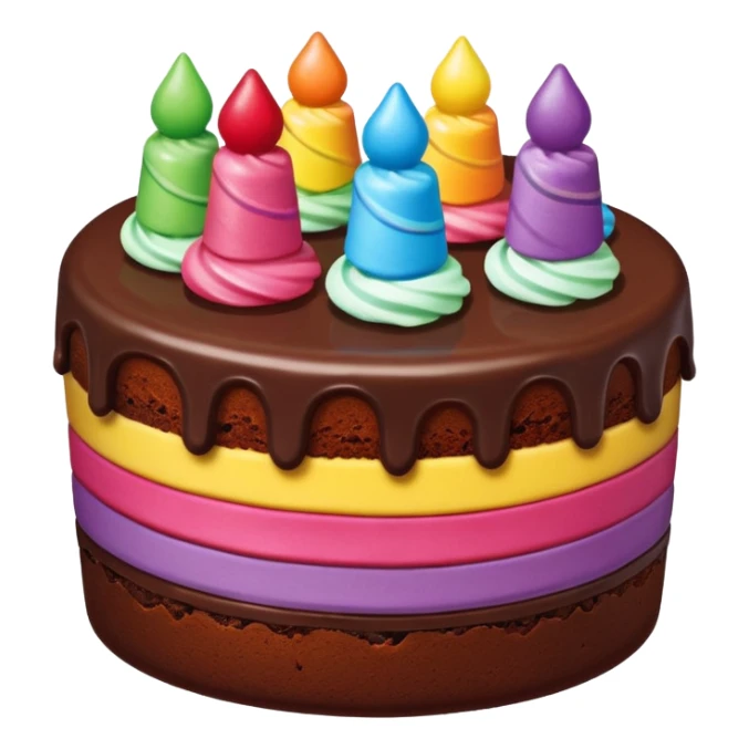 decadent double fudge cake with strawberry filling, decorated with rainbow icing and a festive look sticker
