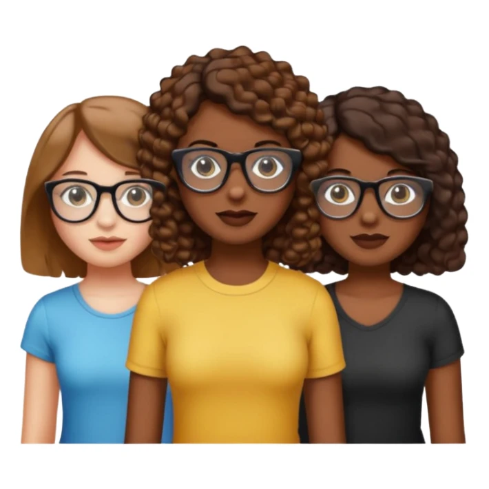 three girls, two with straight light brown hair shoulder length, white skin, one with short curly dark hair, dark skin, wearing transparent glasses, emoji style sticker