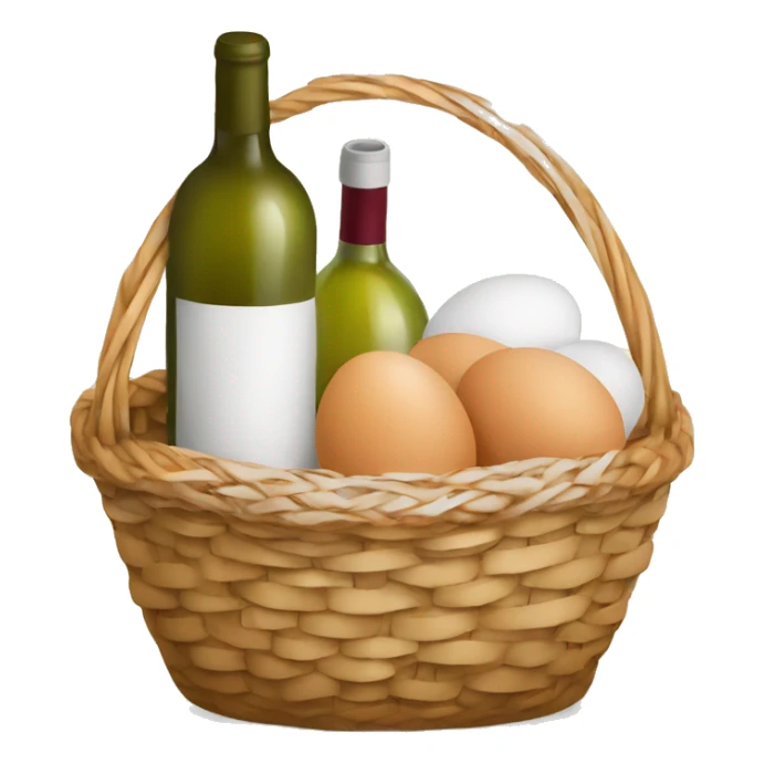 basket with maffin, eggs, bottle of wine with napkin  sticker