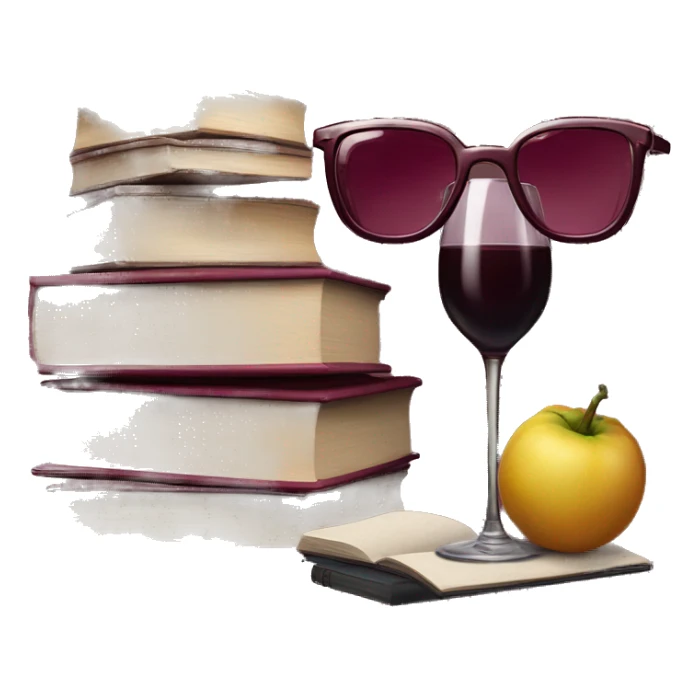 realistic stack of books and burgundy glasses next to them sticker