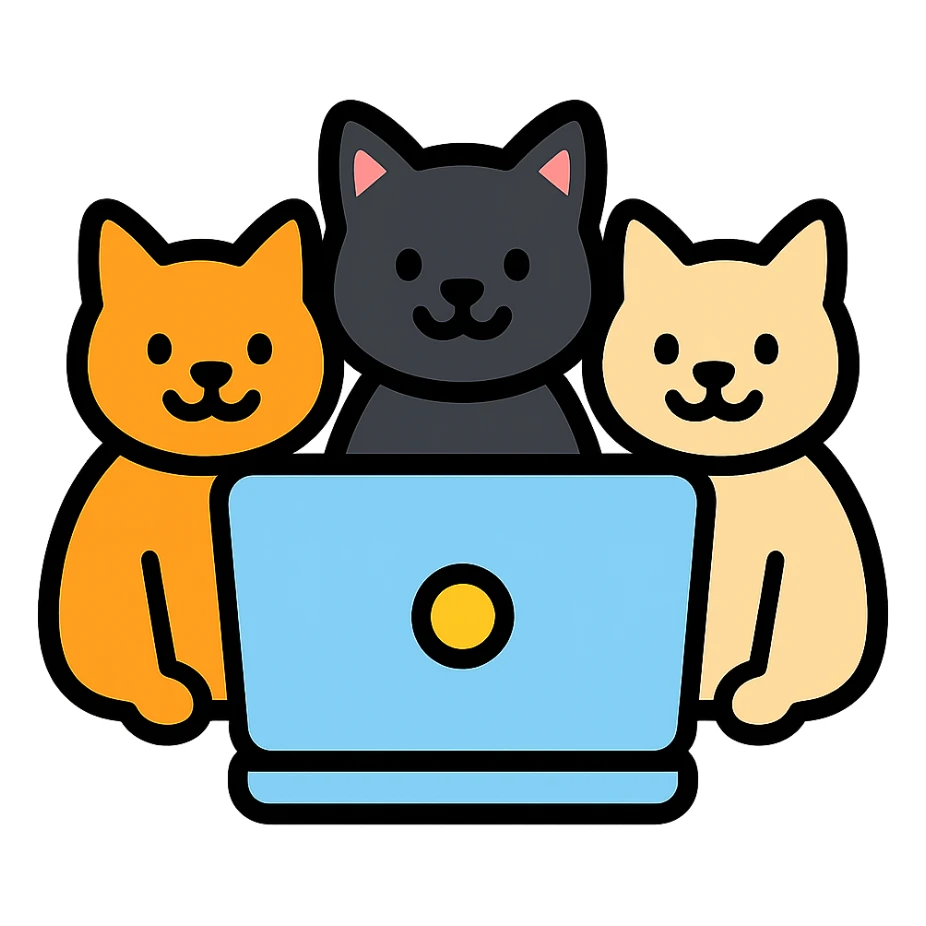 three cats sitting at a computer, color icon style sticker