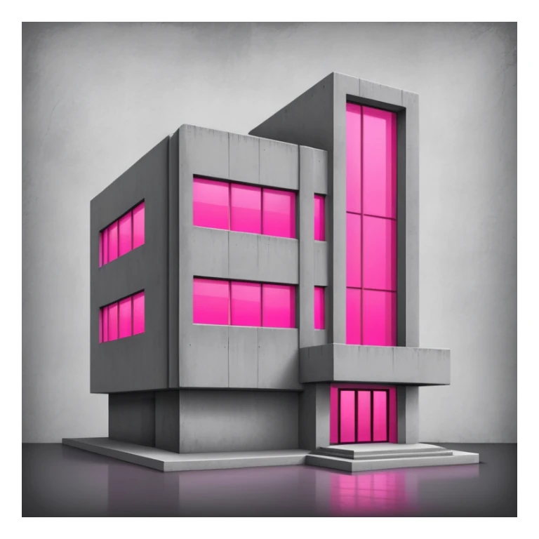 Minimalist gray concrete building with one window glowing bright pink, brutalist architecture sticker