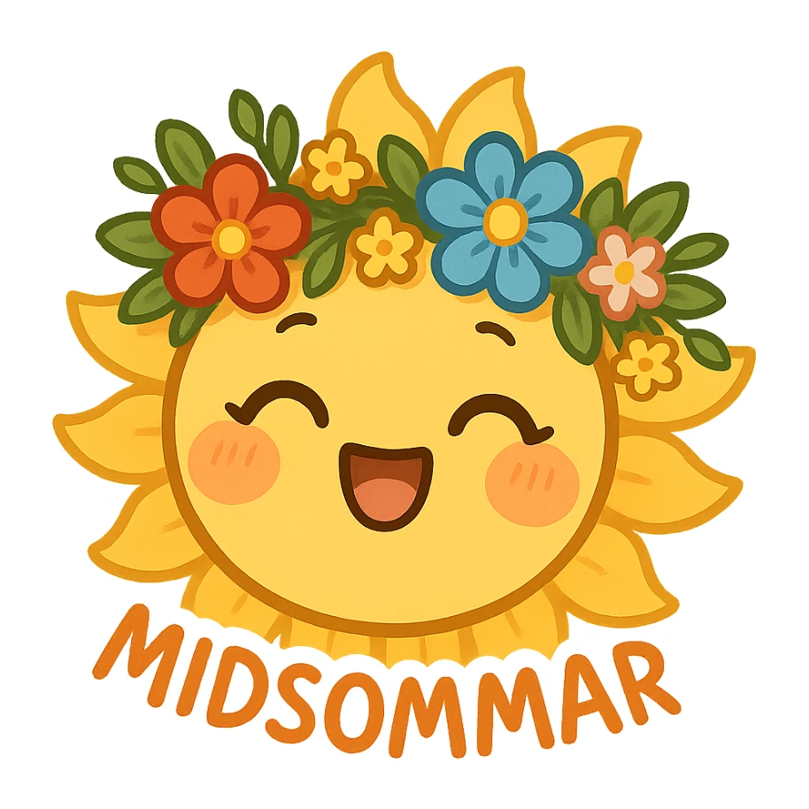 midsommar emoji with sun motif, cheerful expression, floral details, bright and colorful sticker