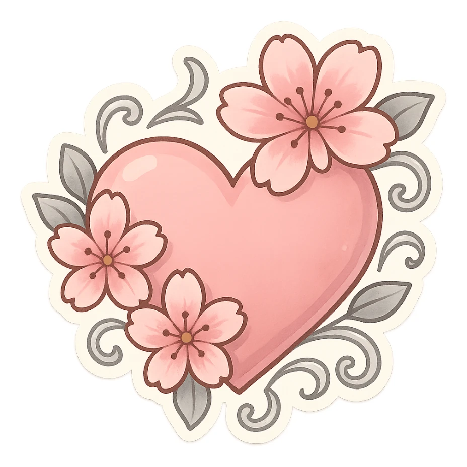 heart with sakura flowers and silver accents, chibi stickers style sticker