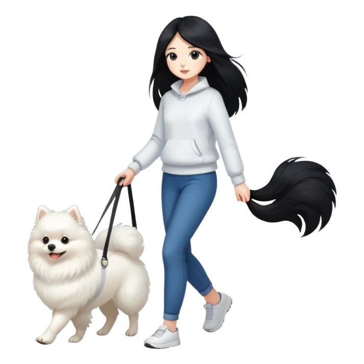 A girl with long black hair walks a white Pomeranian sticker