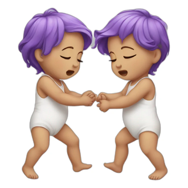 two crying white babies holding hands, one has purple hair sticker