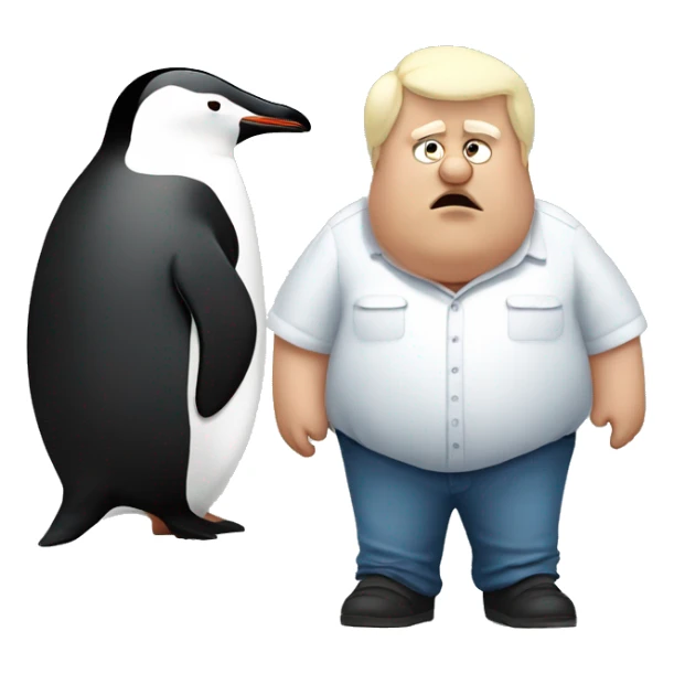 Tired Old obese blonde man standing next to a penguin sticker