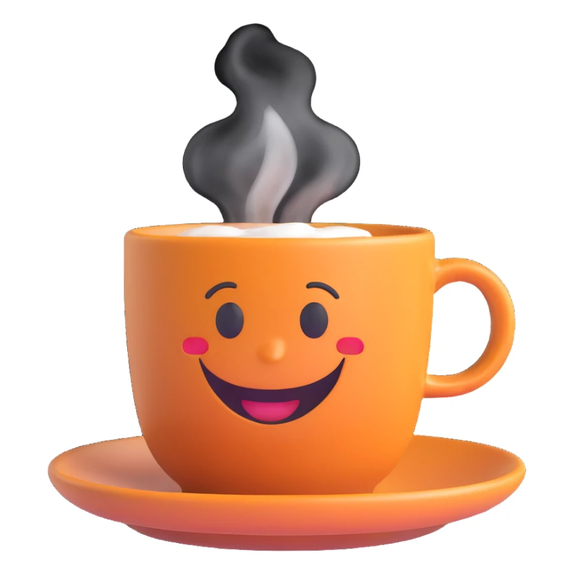 3D emoji style espresso cup with saucer, steam rising, smiling face sticker