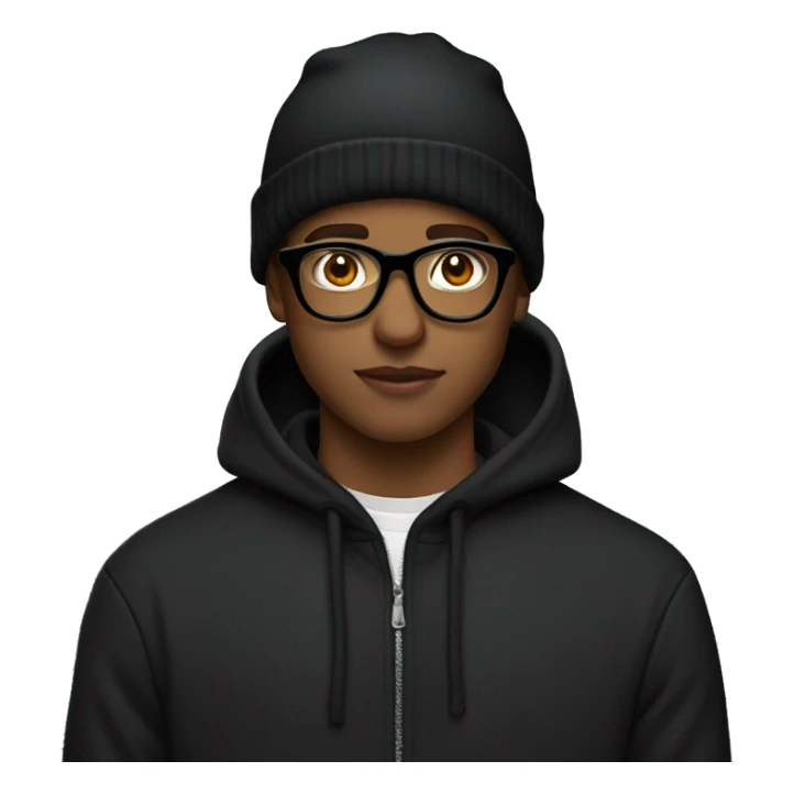 A 17 year old man with a black hoodie, black beane hat and par off glasses make it in style of apple emoji sticker