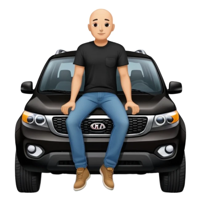 bald man sitting on top of a Kia Mohave SUV sticker