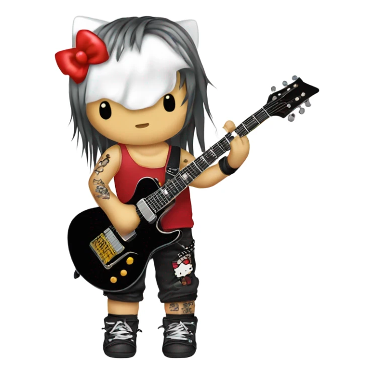 Hello kitty wearing rockstar tanktop with thunder tatoo on the face with x japan hair style holding the elec guitar sticker
