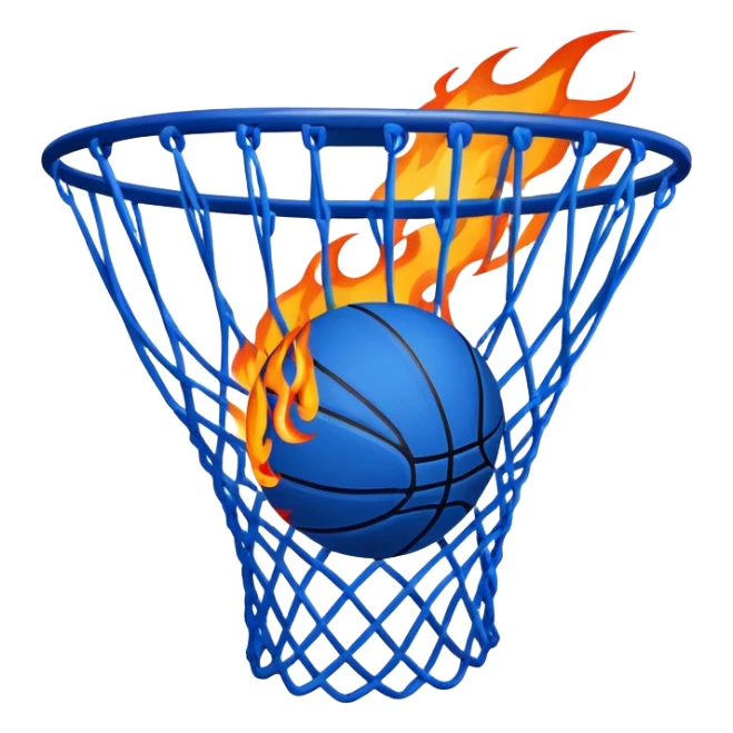 Blue basketball with flames effect passing through net, dramatic sports moment, iOS emoji style sticker