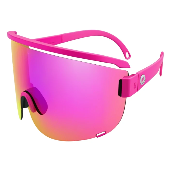 sporty neon pink shield visor sunglasses with thick frame and integrated strap, extremely robust design, substantial build, one-piece mirrored lens sticker