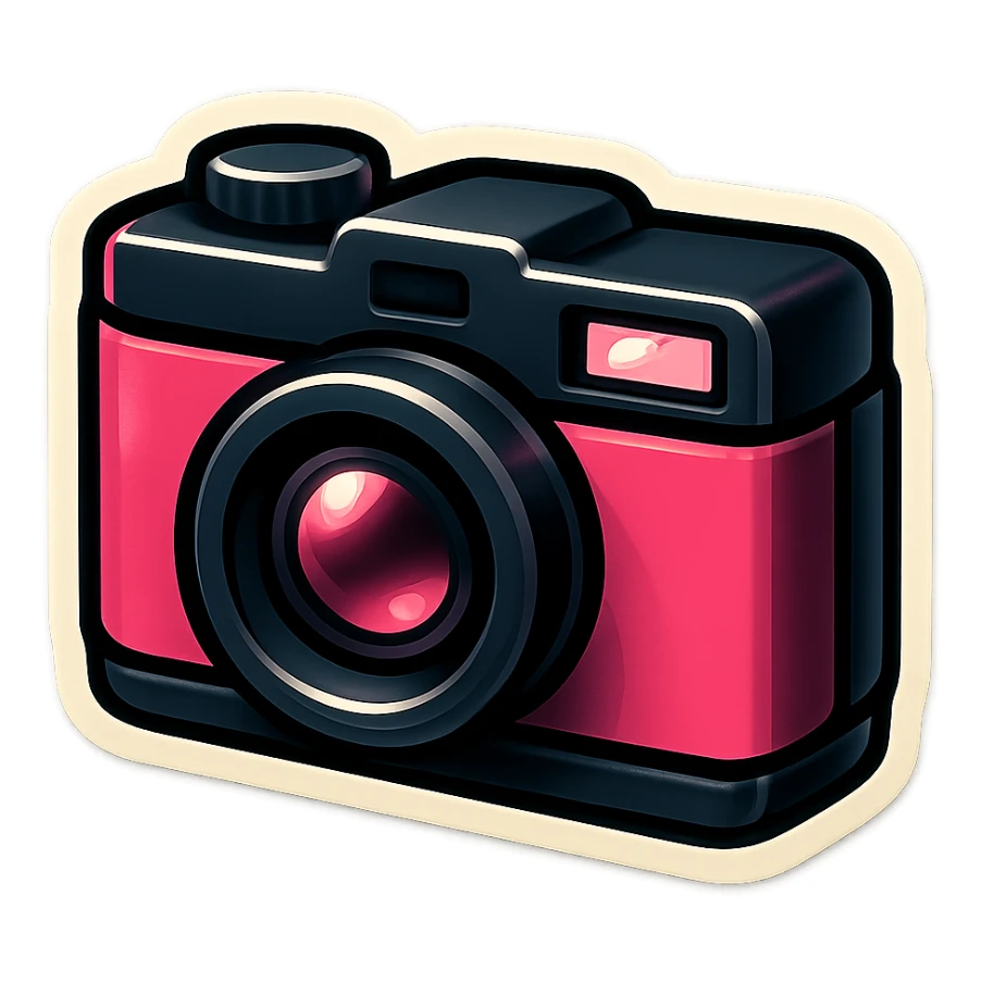 black and pink camera, cheerful and cool, vintage sticker look sticker