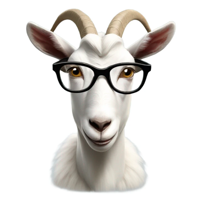 a goat with glasses superimposed on its face. The goat's expression is straight and the glasses give it a human-like appearance. sticker