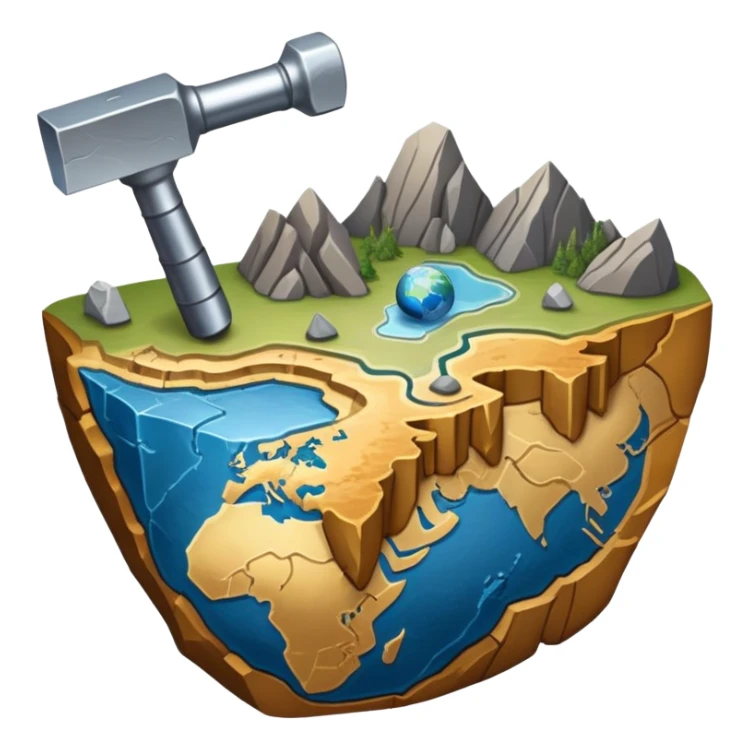An icon featuring a rock hammer, a geological map, and layers of Earth’s crust, symbolizing geology. The design includes mineral samples, fossils, and tectonic plates, representing the study of Earth’s structure and natural processes. Transparent background highlights geological exploration sticker