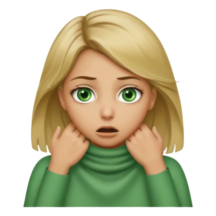 a girl with both hands around her next with her mouth wide and eyes scared like she’s choking herself make her dirty blonde with grrrn eyes and slightly tan sticker